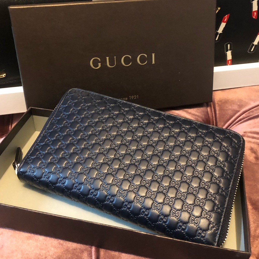 Gucci Navy Leather Guccissima Organizer Zip Wallet